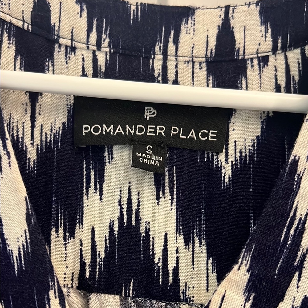 Pomander Place Navy and Cream Patterned Blouse
